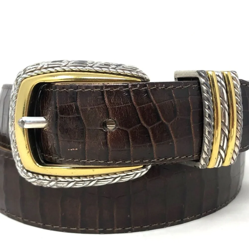 Brighton Croc Embossed Leather Belt Womens M/30 Brown Silver Gold Buckle Glam